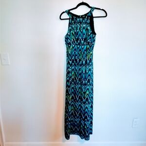 Black saks fifth avenue halter style empire waist maxi dress in blue and green p